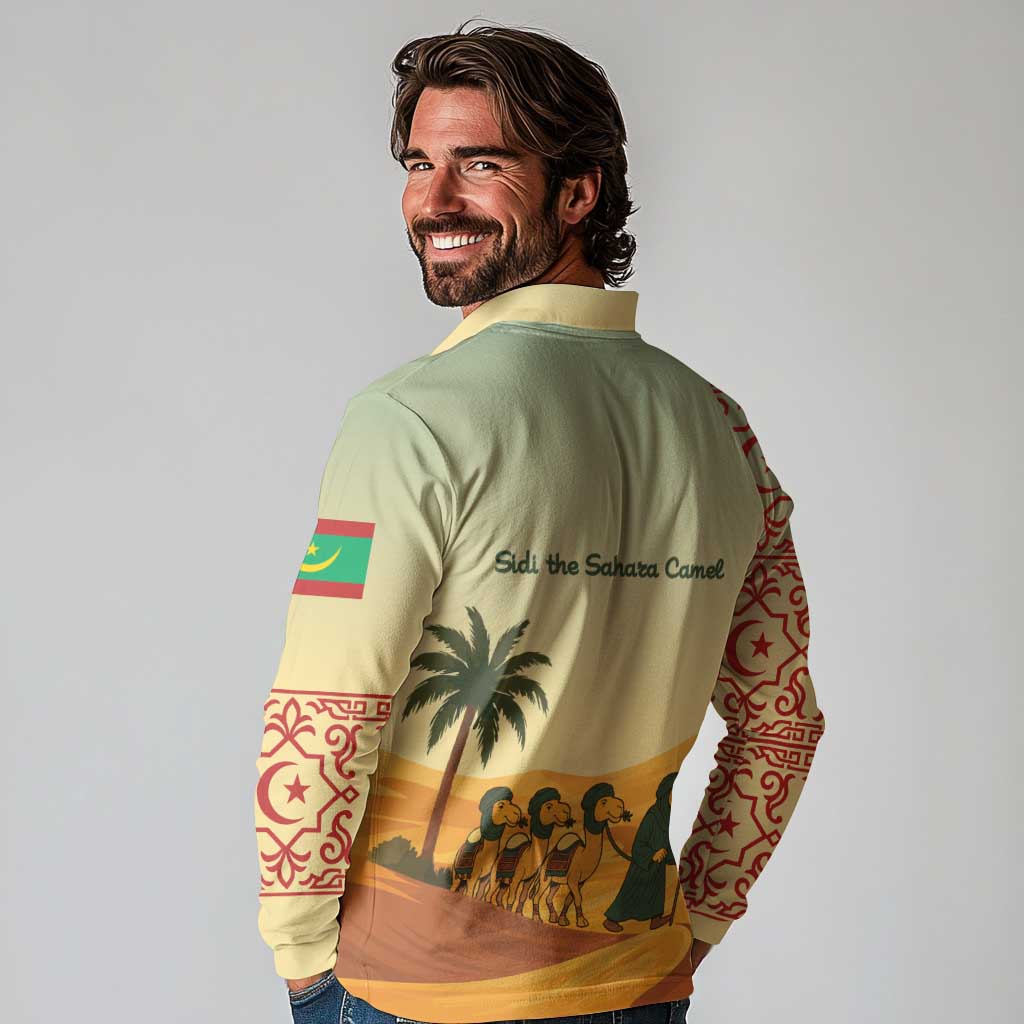 Mauritania Long Sleeve Polo Shirt with Sidi the Sahara Camel Cartoon and Desert Caravan Design