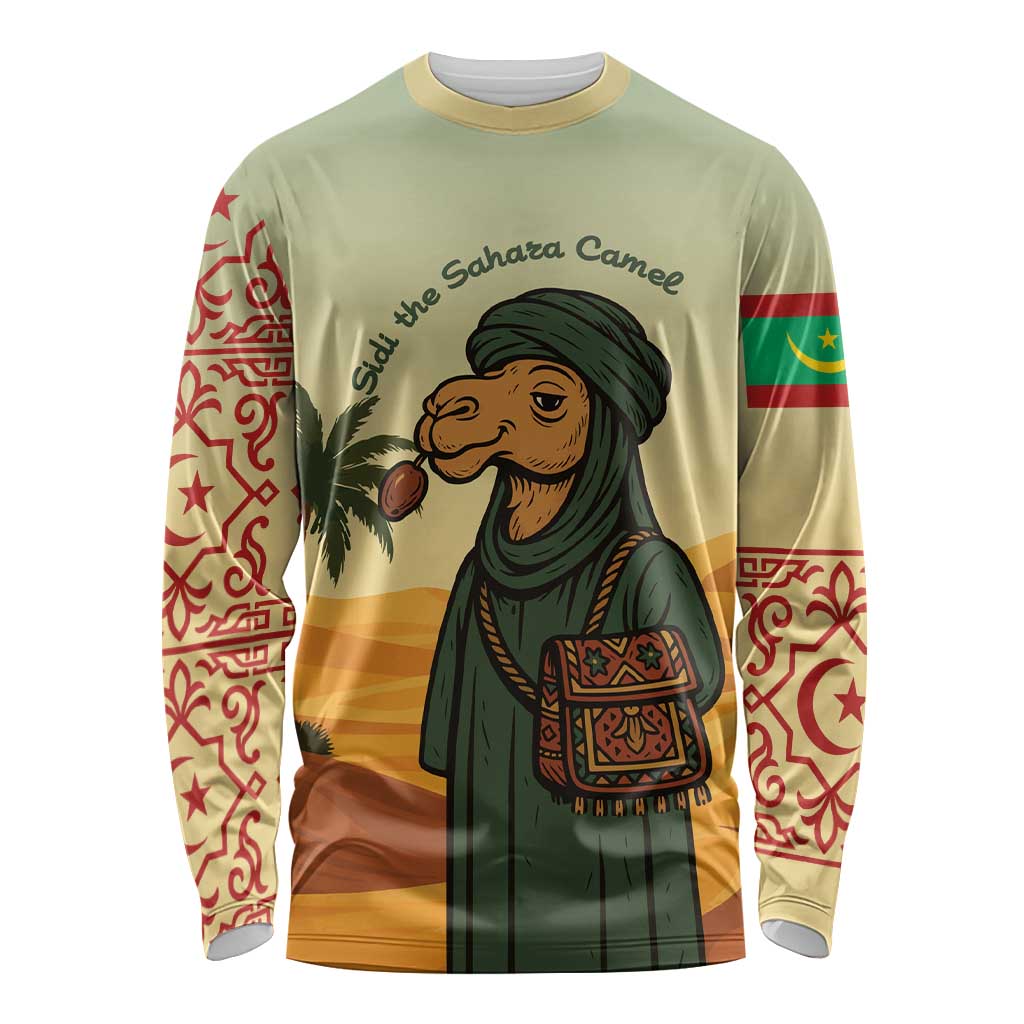 Mauritania Long Sleeve Shirt with Sidi the Sahara Camel Cartoon and Desert Caravan Design