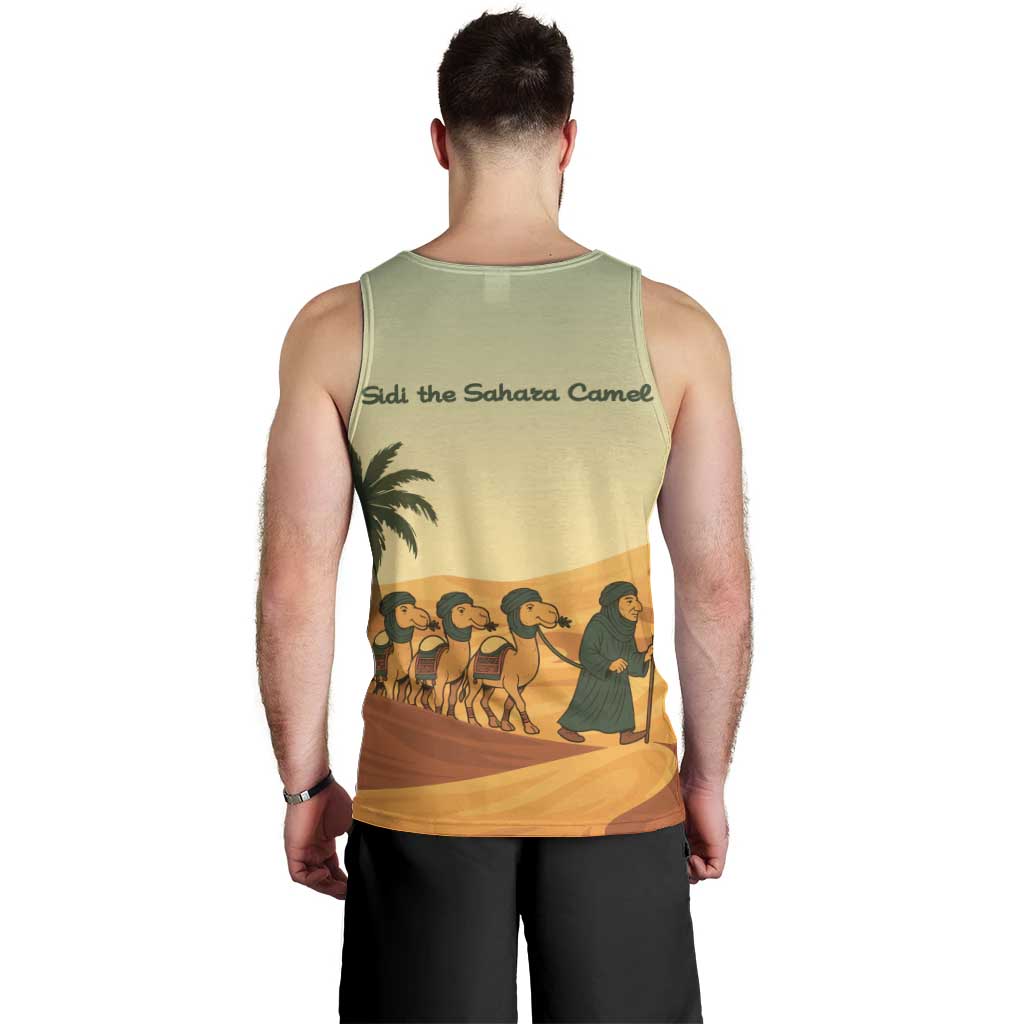 Mauritania Men Tank Top with Sidi the Sahara Camel Cartoon and Desert Caravan Design
