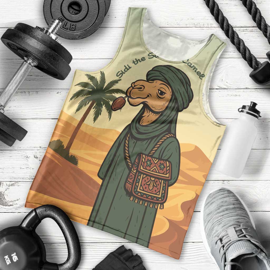 Mauritania Men Tank Top with Sidi the Sahara Camel Cartoon and Desert Caravan Design