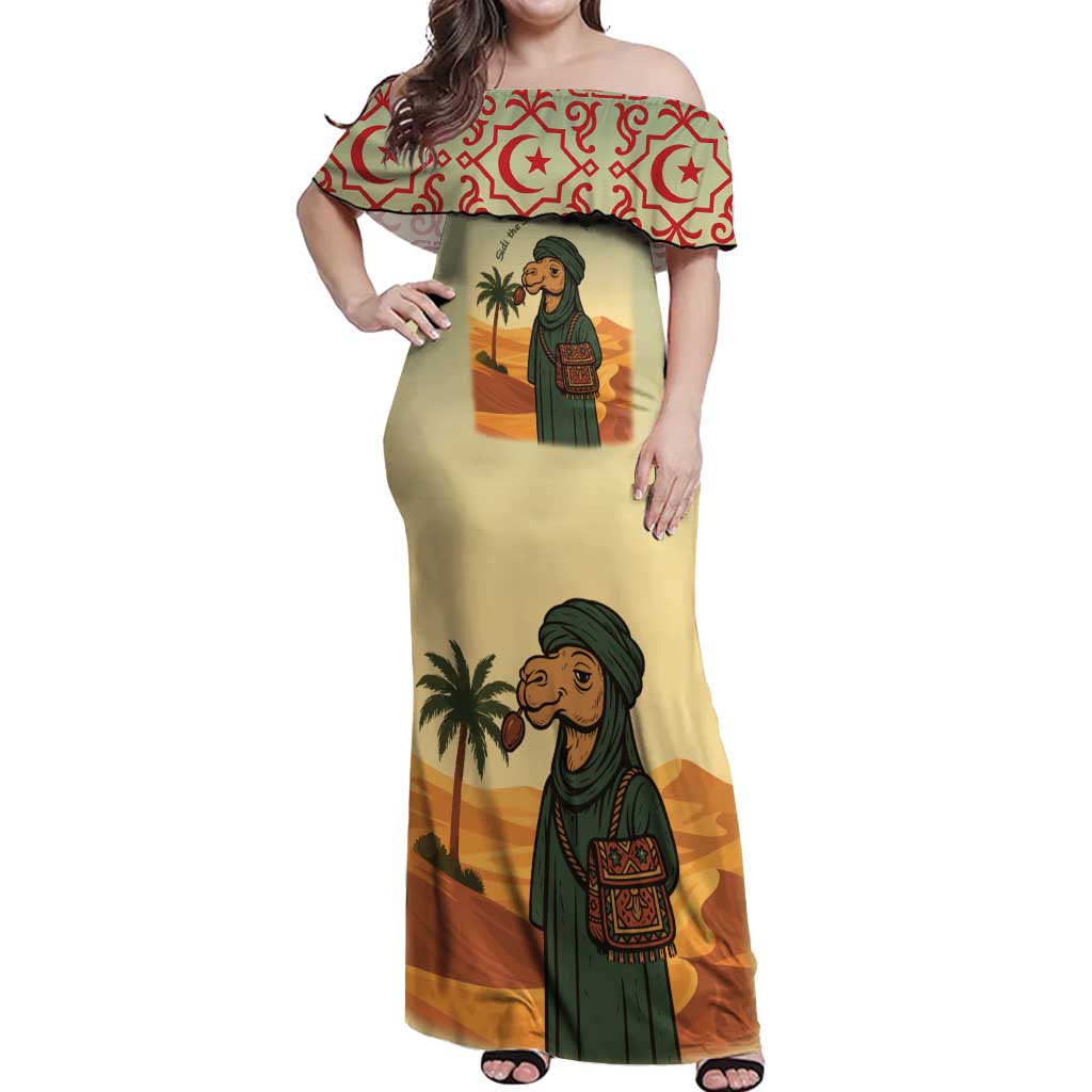 Mauritania Off Shoulder Maxi Dress with Sidi the Sahara Camel Cartoon and Desert Caravan Design