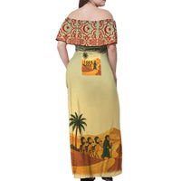 Mauritania Off Shoulder Maxi Dress with Sidi the Sahara Camel Cartoon and Desert Caravan Design