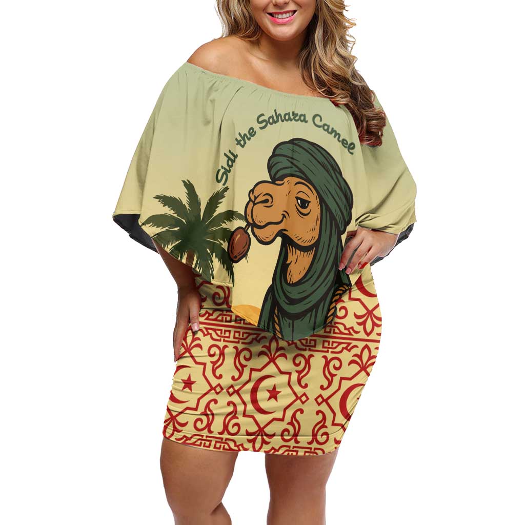 Mauritania Off Shoulder Short Dress with Sidi the Sahara Camel Cartoon and Desert Caravan Design