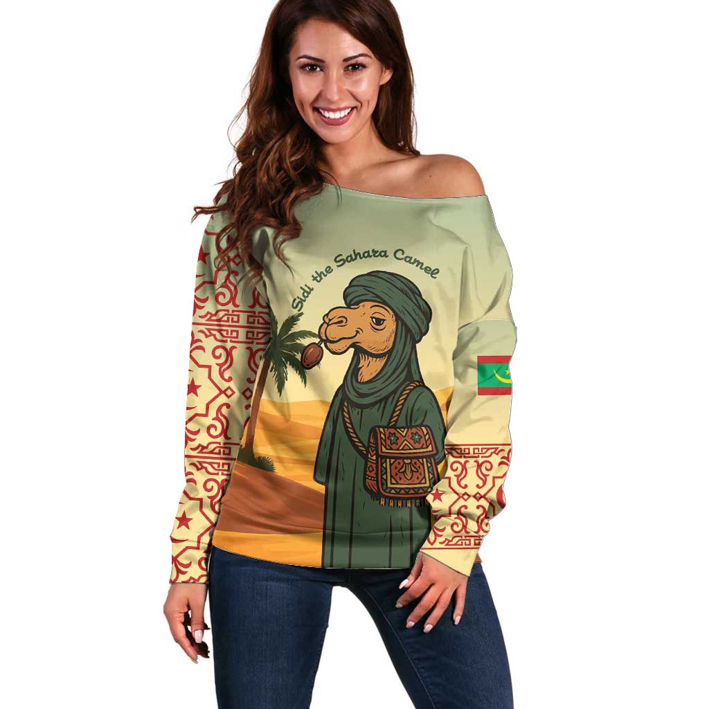 Mauritania Off Shoulder Sweater with Sidi the Sahara Camel Cartoon and Desert Caravan Design