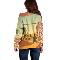 Mauritania Off Shoulder Sweater with Sidi the Sahara Camel Cartoon and Desert Caravan Design