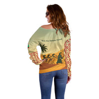 Mauritania Off Shoulder Sweater with Sidi the Sahara Camel Cartoon and Desert Caravan Design