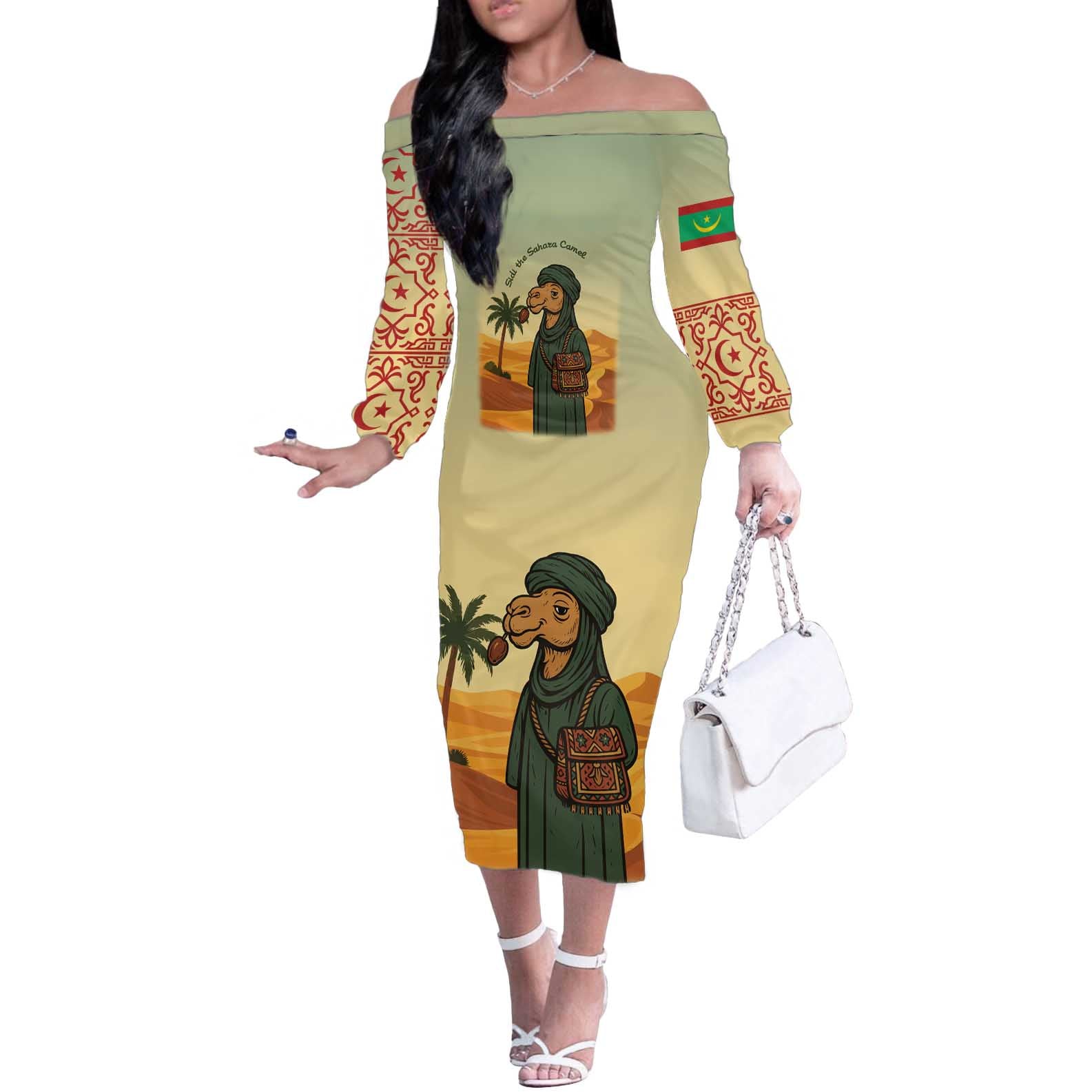 Mauritania Off The Shoulder Long Sleeve Dress with Sidi the Sahara Camel Cartoon and Desert Caravan Design