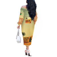 Mauritania Off The Shoulder Long Sleeve Dress with Sidi the Sahara Camel Cartoon and Desert Caravan Design
