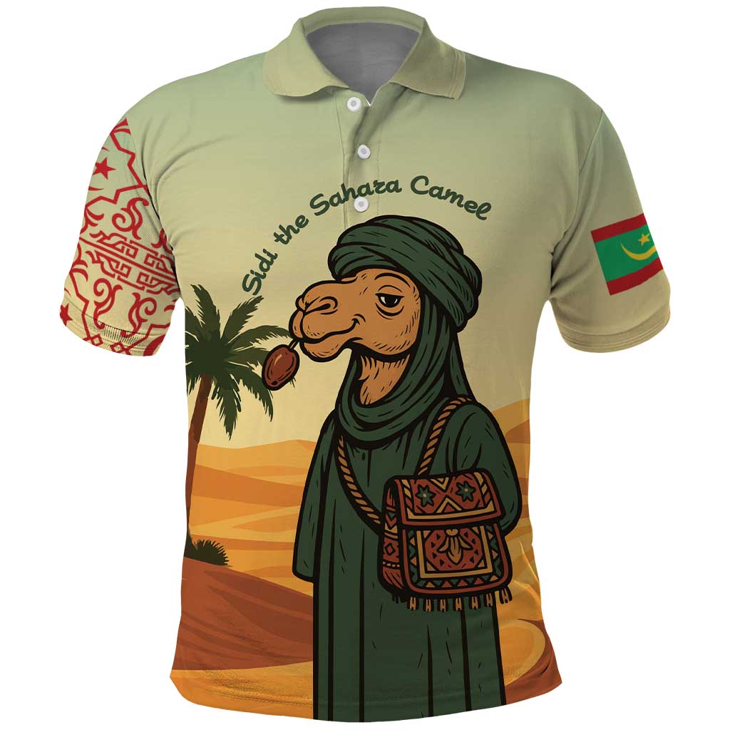 Mauritania Polo Shirt with Sidi the Sahara Camel Cartoon and Desert Caravan Design