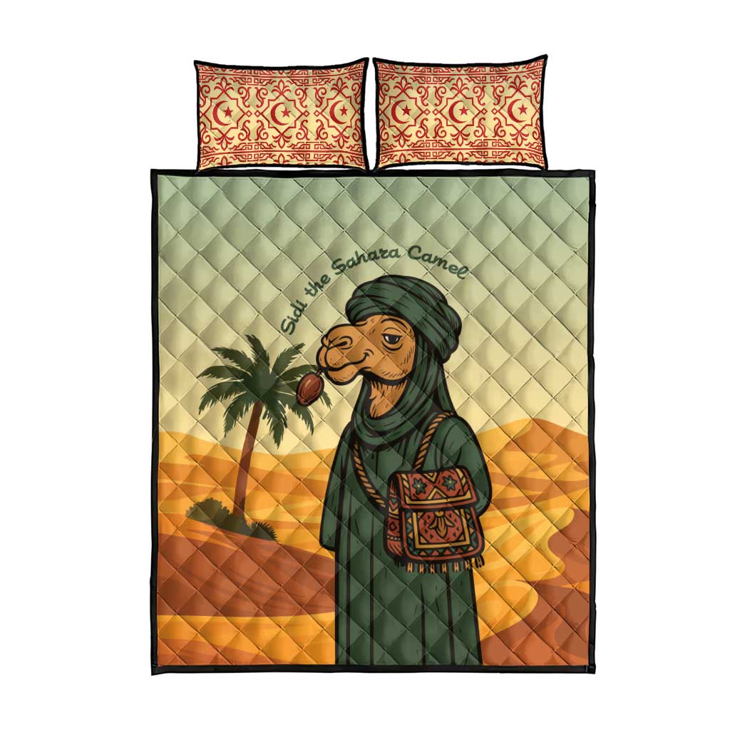 Mauritania Quilt Bed Set with Sidi the Sahara Camel Cartoon and Desert Caravan Design