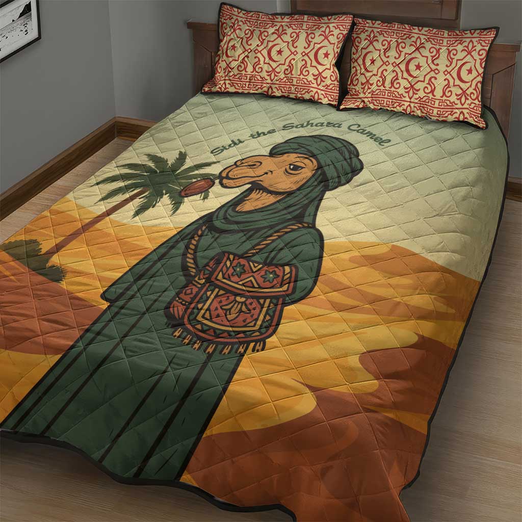 Mauritania Quilt Bed Set with Sidi the Sahara Camel Cartoon and Desert Caravan Design