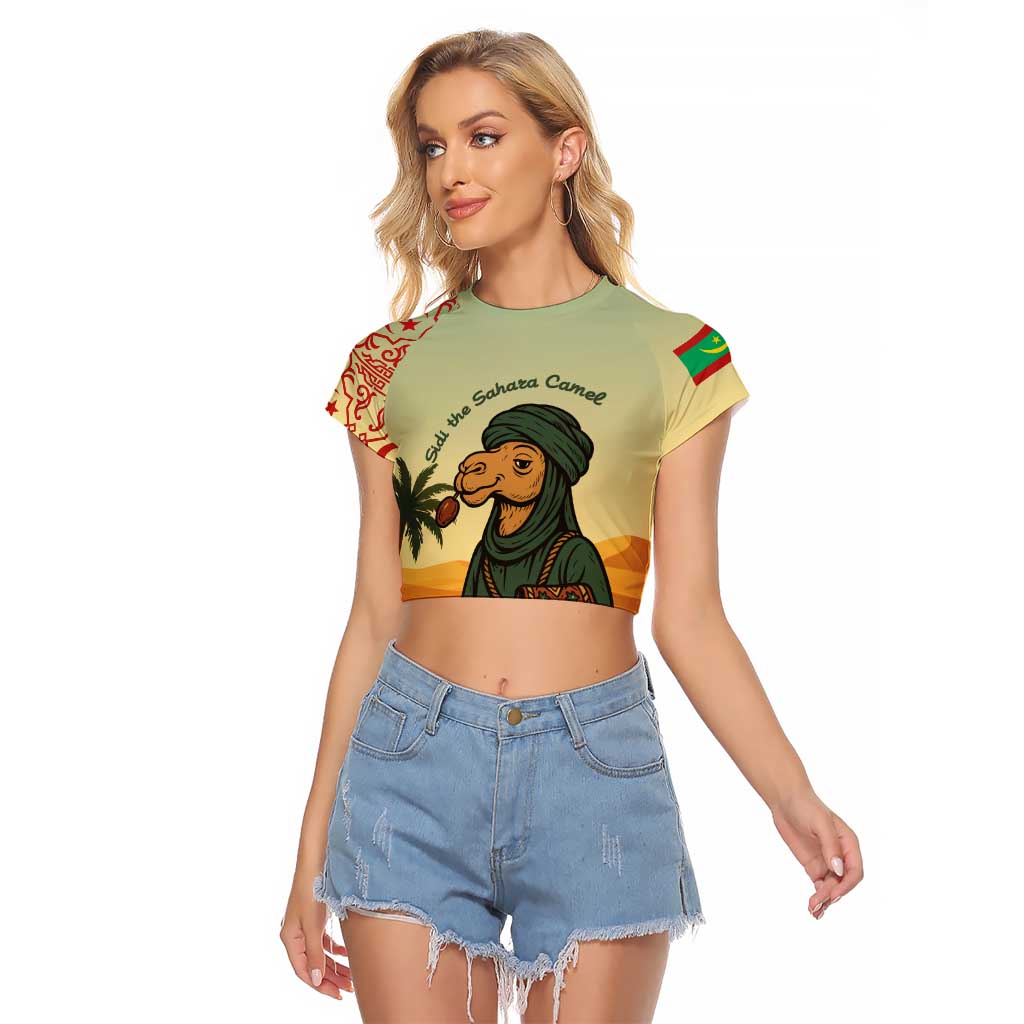 Mauritania Raglan Cropped T Shirt with Sidi the Sahara Camel Cartoon and Desert Caravan Design
