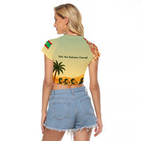 Mauritania Raglan Cropped T Shirt with Sidi the Sahara Camel Cartoon and Desert Caravan Design