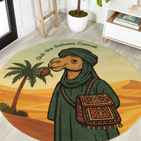 Mauritania Round Carpet with Sidi the Sahara Camel Cartoon and Desert Caravan Design
