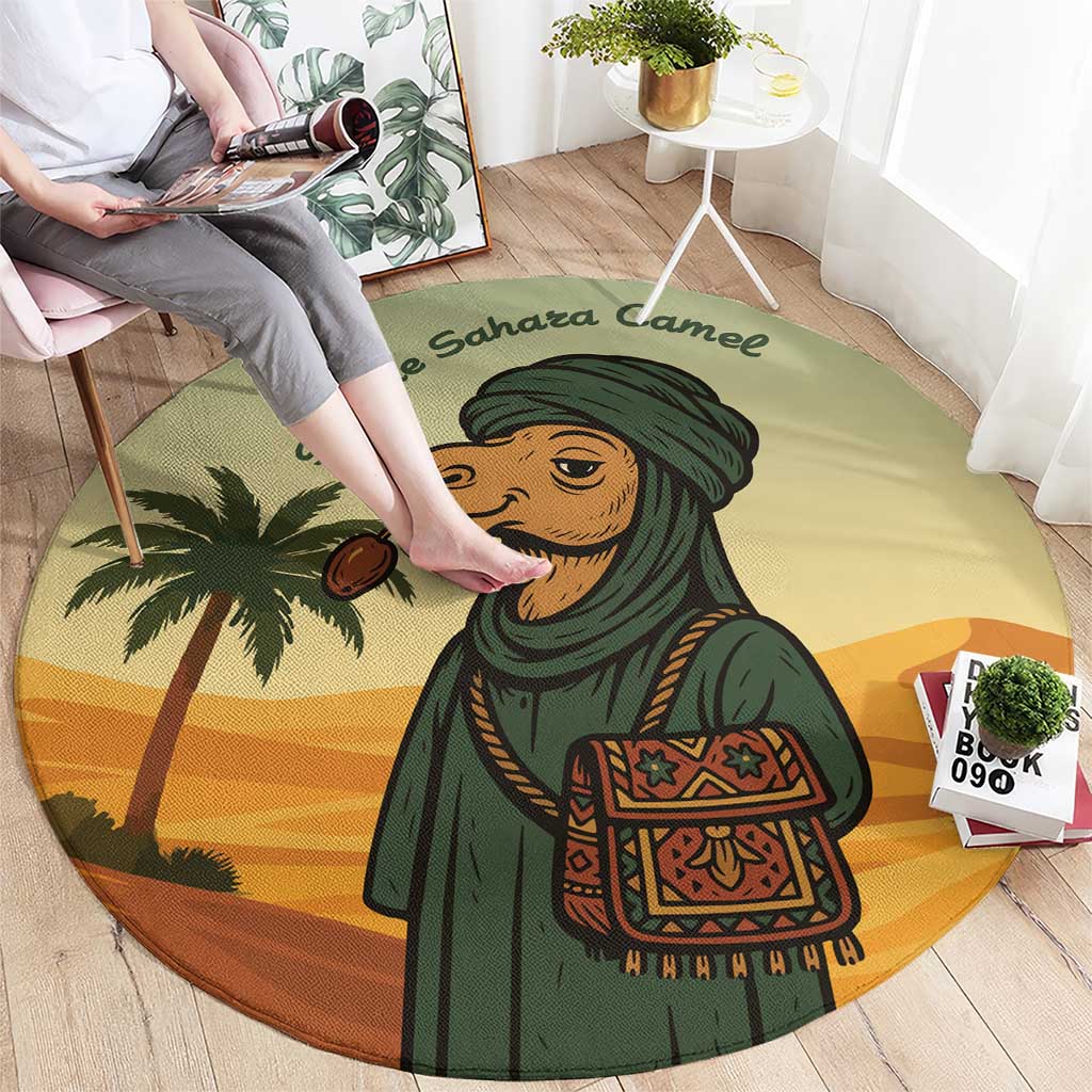 Mauritania Round Carpet with Sidi the Sahara Camel Cartoon and Desert Caravan Design