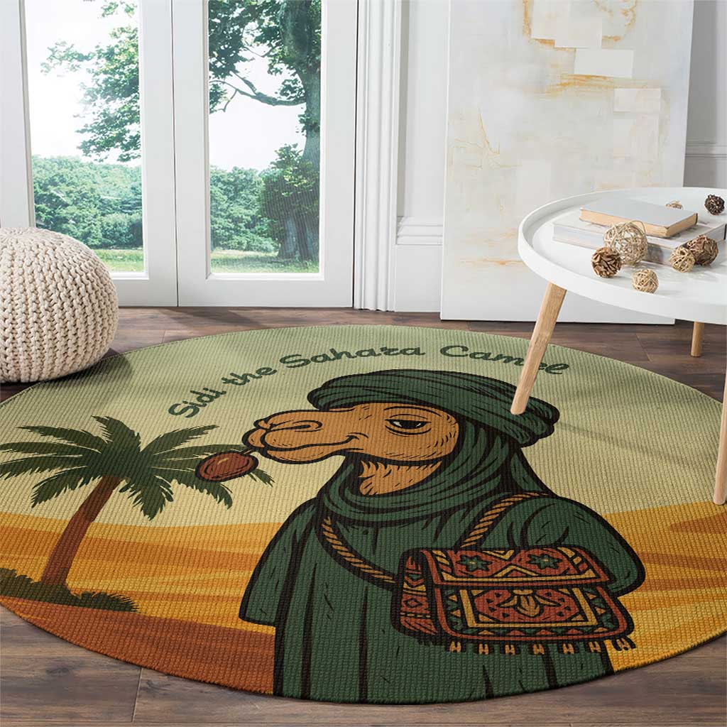Mauritania Round Carpet with Sidi the Sahara Camel Cartoon and Desert Caravan Design