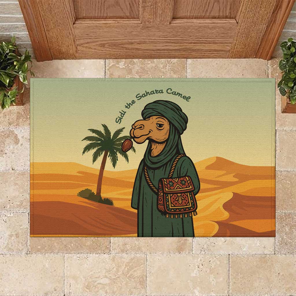 Mauritania Rubber Doormat with Sidi the Sahara Camel Cartoon and Desert Caravan Design