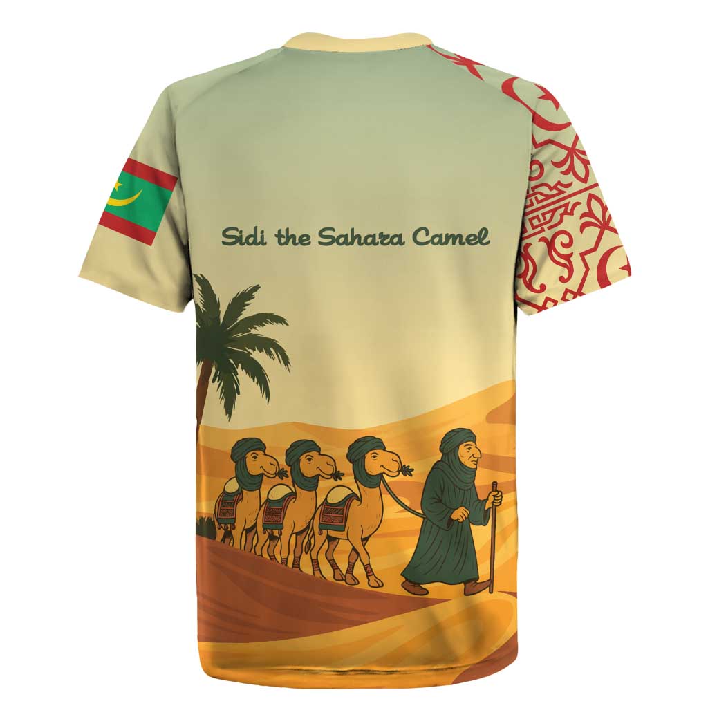 Mauritania Rugby Jersey with Sidi the Sahara Camel Cartoon and Desert Caravan Design