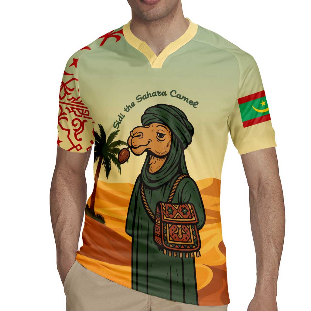 Mauritania Rugby Jersey with Sidi the Sahara Camel Cartoon and Desert Caravan Design