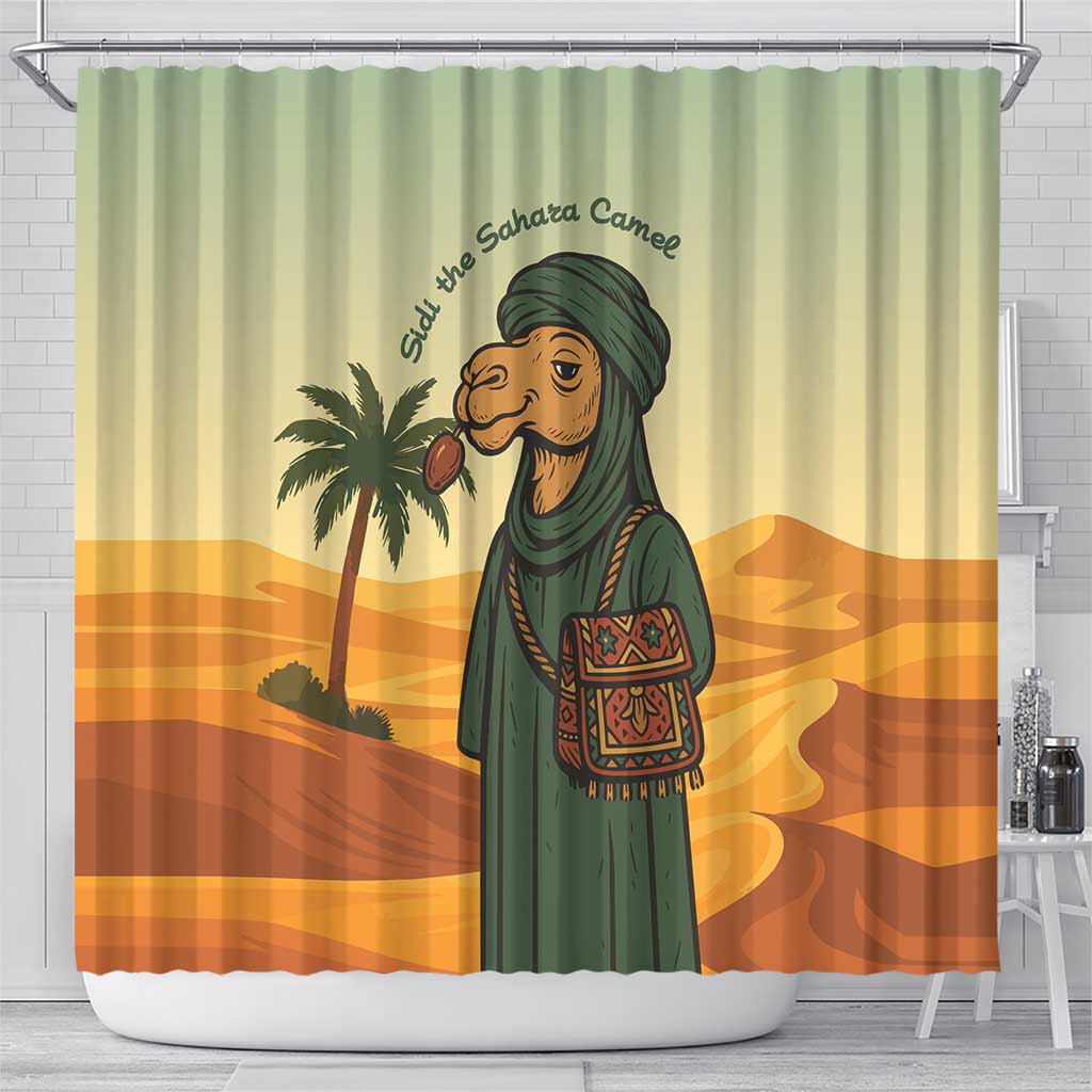 Mauritania Shower Curtain with Sidi the Sahara Camel Cartoon and Desert Caravan Design