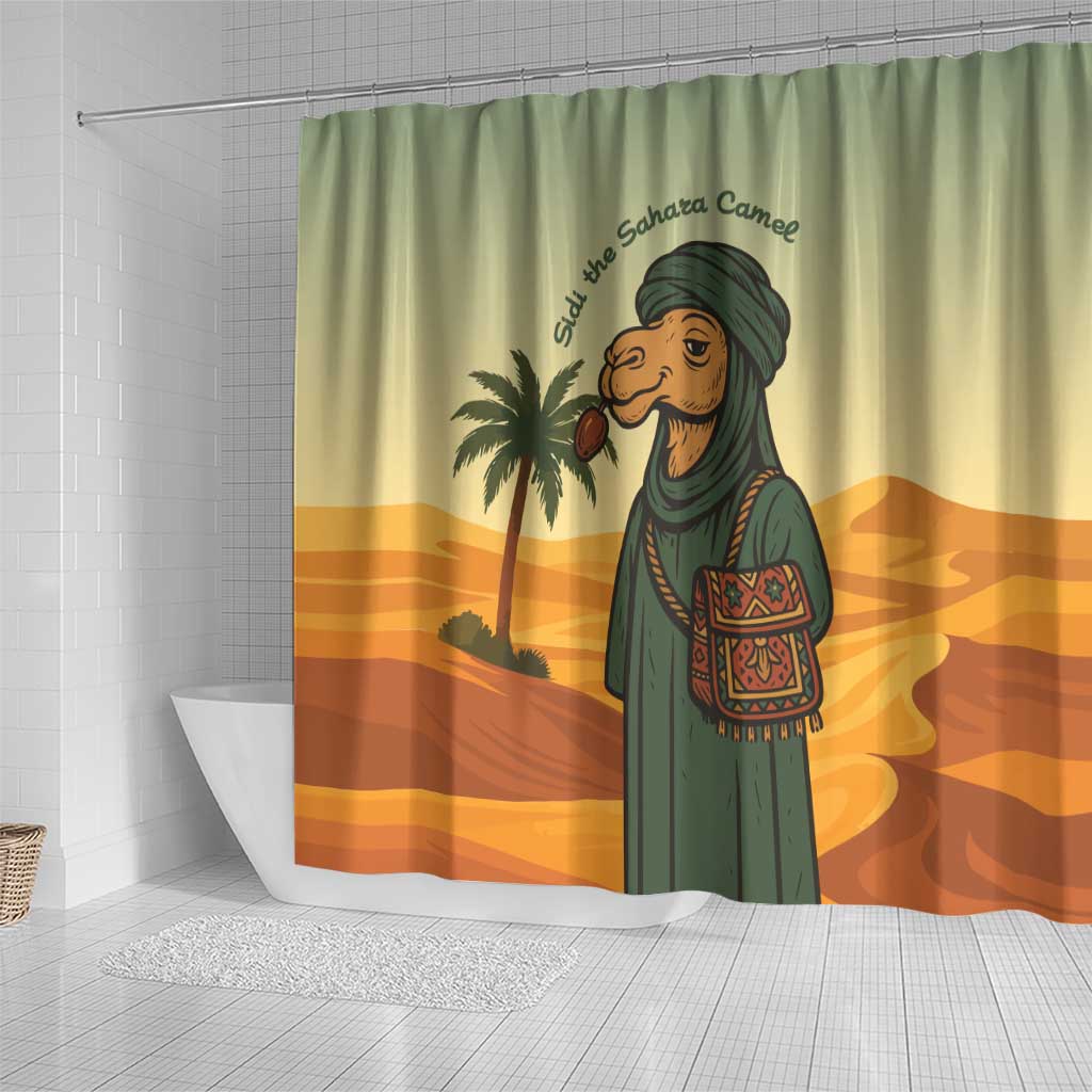 Mauritania Shower Curtain with Sidi the Sahara Camel Cartoon and Desert Caravan Design