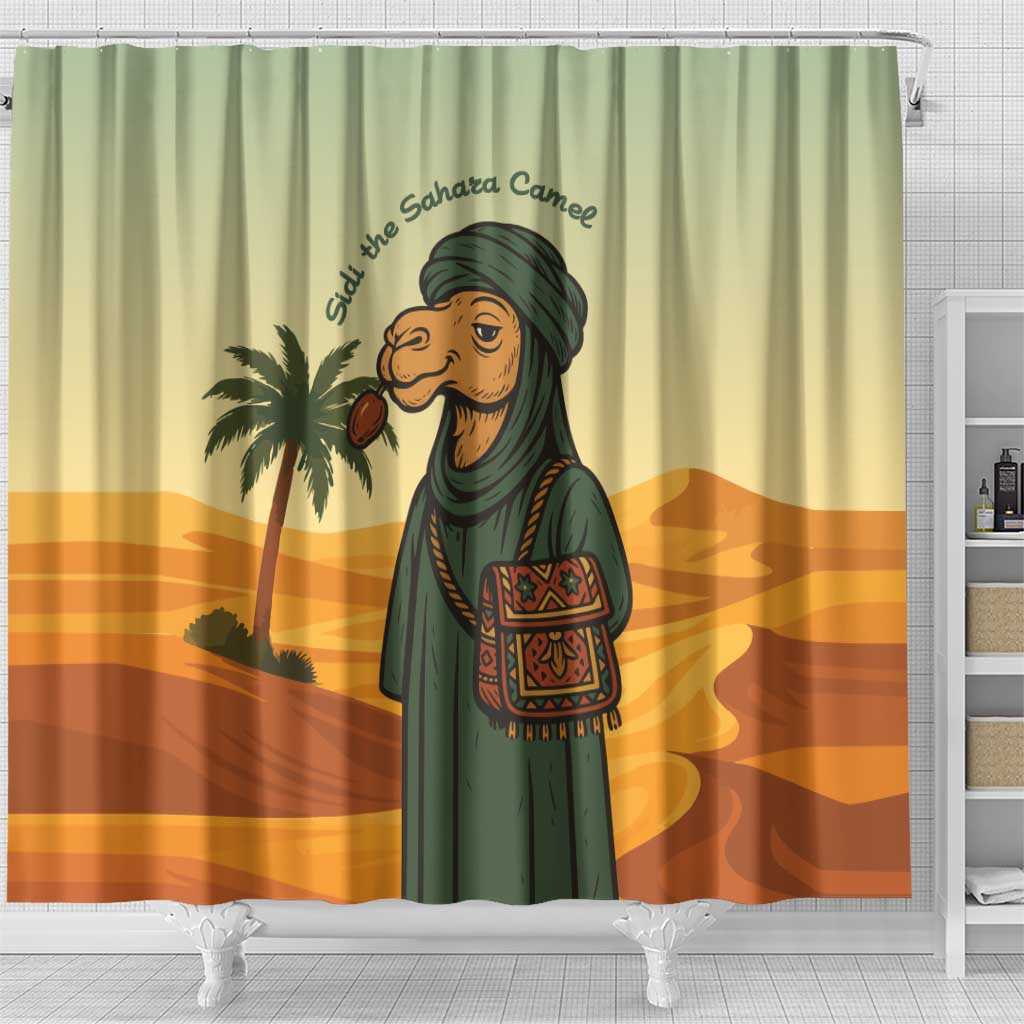 Mauritania Shower Curtain with Sidi the Sahara Camel Cartoon and Desert Caravan Design