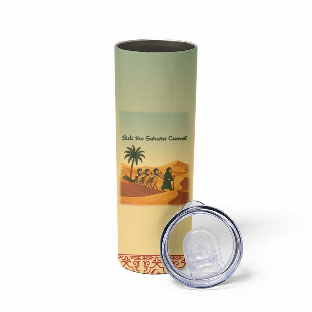 Mauritania Skinny Tumbler with Sidi the Sahara Camel Cartoon and Desert Caravan Design
