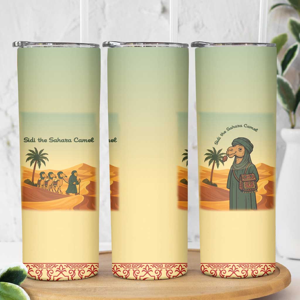 Mauritania Skinny Tumbler with Sidi the Sahara Camel Cartoon and Desert Caravan Design
