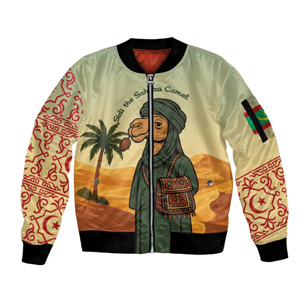 Mauritania Sleeve Zip Bomber Jacket with Sidi the Sahara Camel Cartoon and Desert Caravan Design