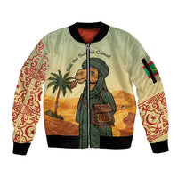 Mauritania Sleeve Zip Bomber Jacket with Sidi the Sahara Camel Cartoon and Desert Caravan Design