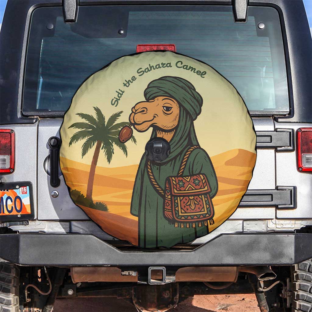 Mauritania Spare Tire Cover with Sidi the Sahara Camel Cartoon and Desert Caravan Design