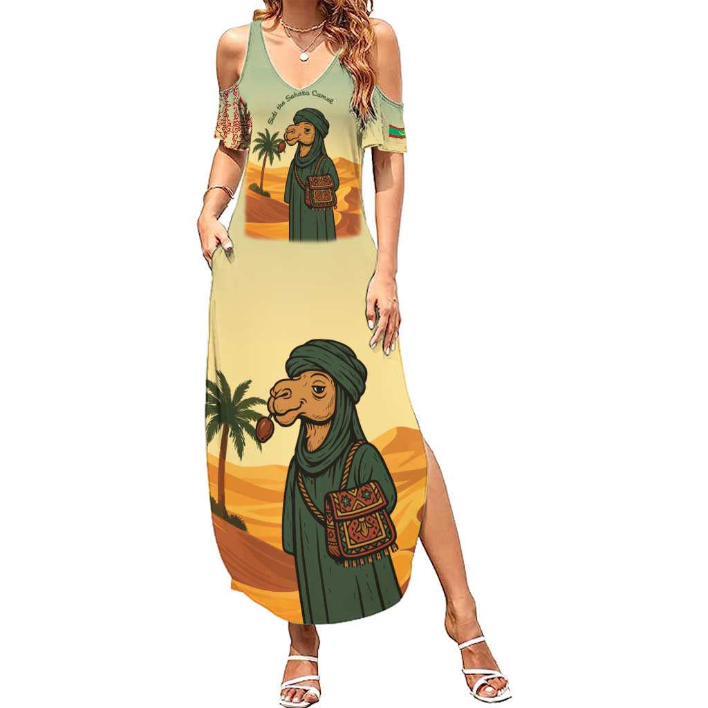 Mauritania Summer Maxi Dress with Sidi the Sahara Camel Cartoon and Desert Caravan Design