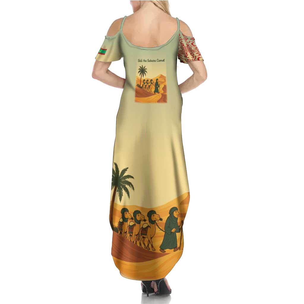 Mauritania Summer Maxi Dress with Sidi the Sahara Camel Cartoon and Desert Caravan Design