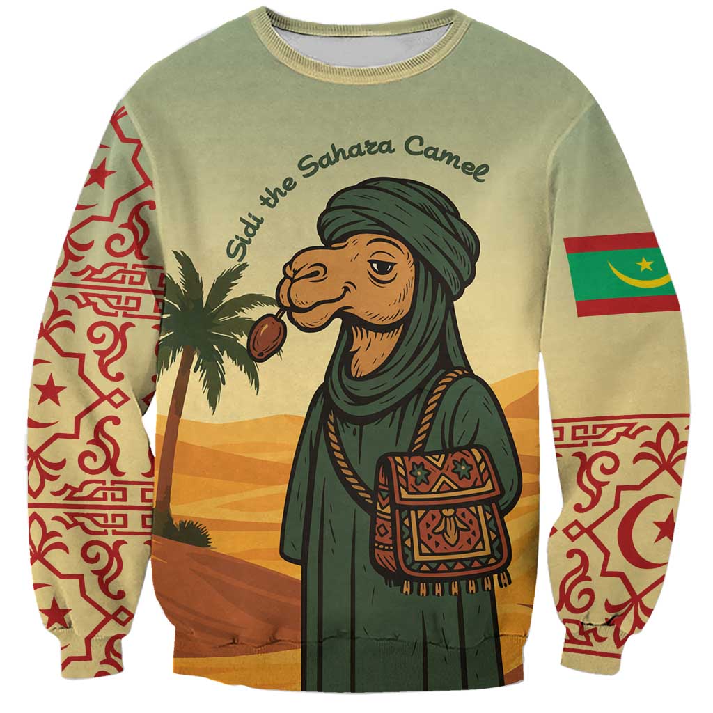 Mauritania Sweatshirt with Sidi the Sahara Camel Cartoon and Desert Caravan Design