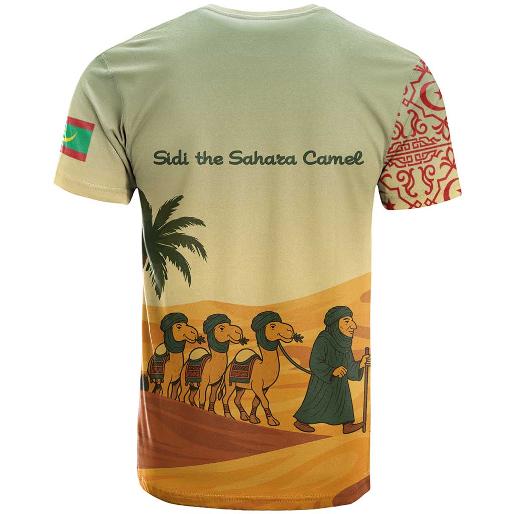 Mauritania T Shirt with Sidi the Sahara Camel Cartoon and Desert Caravan Design