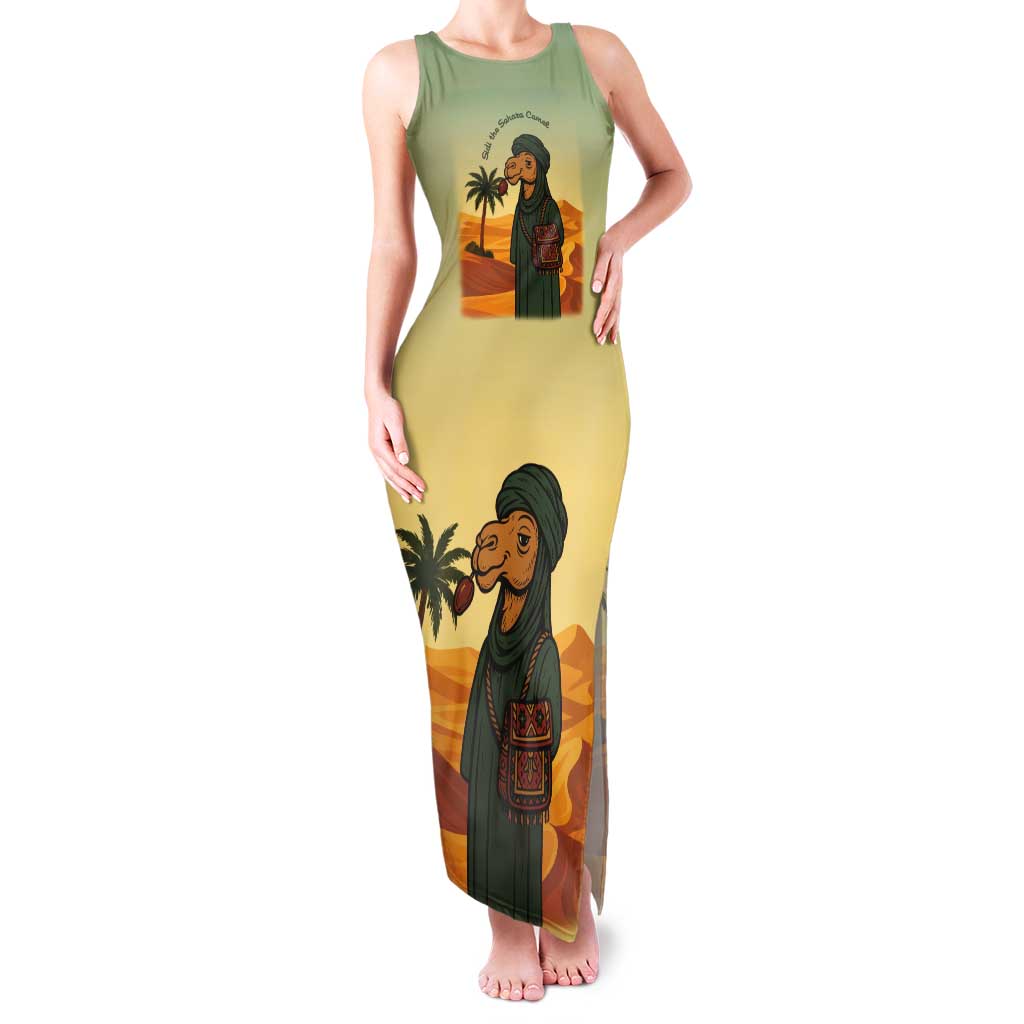 Mauritania Tank Maxi Dress with Sidi the Sahara Camel Cartoon and Desert Caravan Design