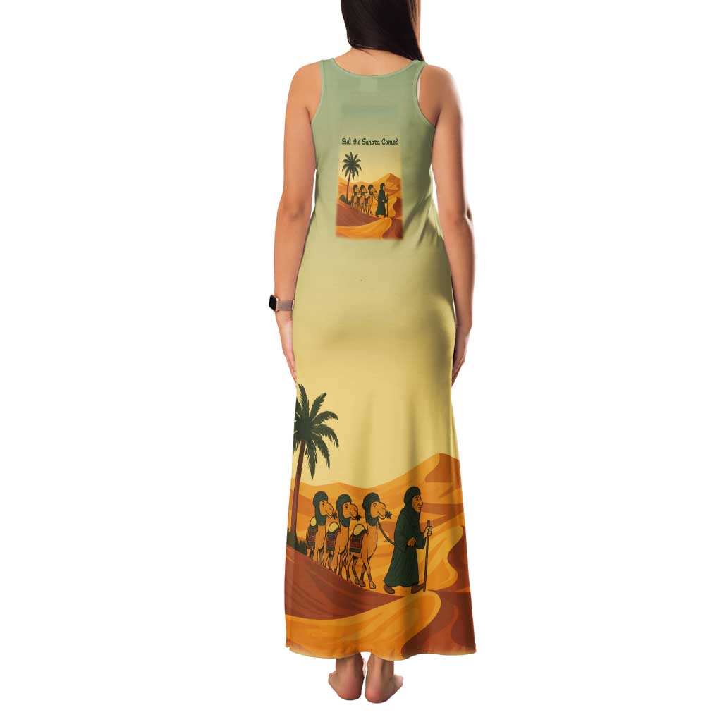 Mauritania Tank Maxi Dress with Sidi the Sahara Camel Cartoon and Desert Caravan Design