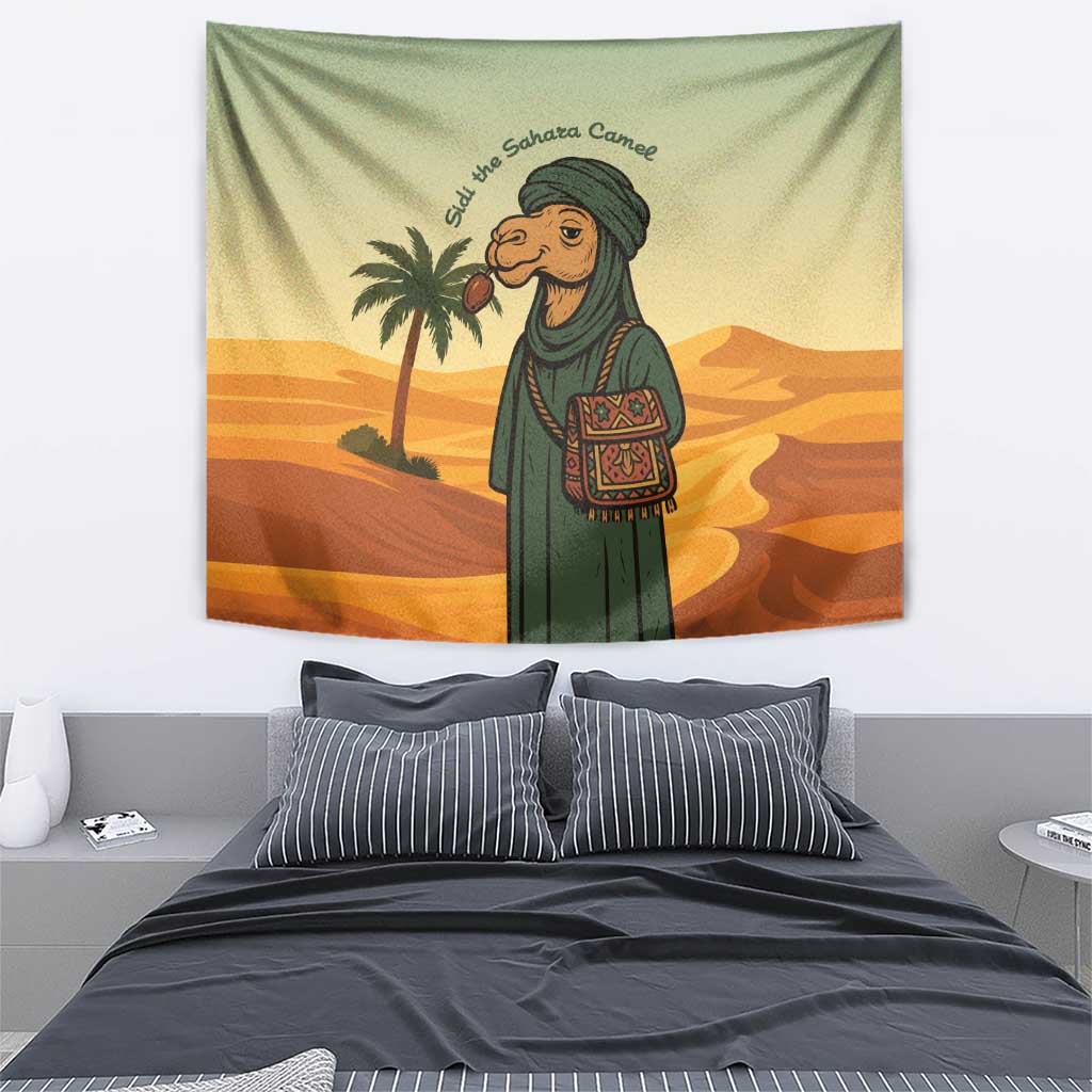 Mauritania Tapestry with Sidi the Sahara Camel Cartoon and Desert Caravan Design