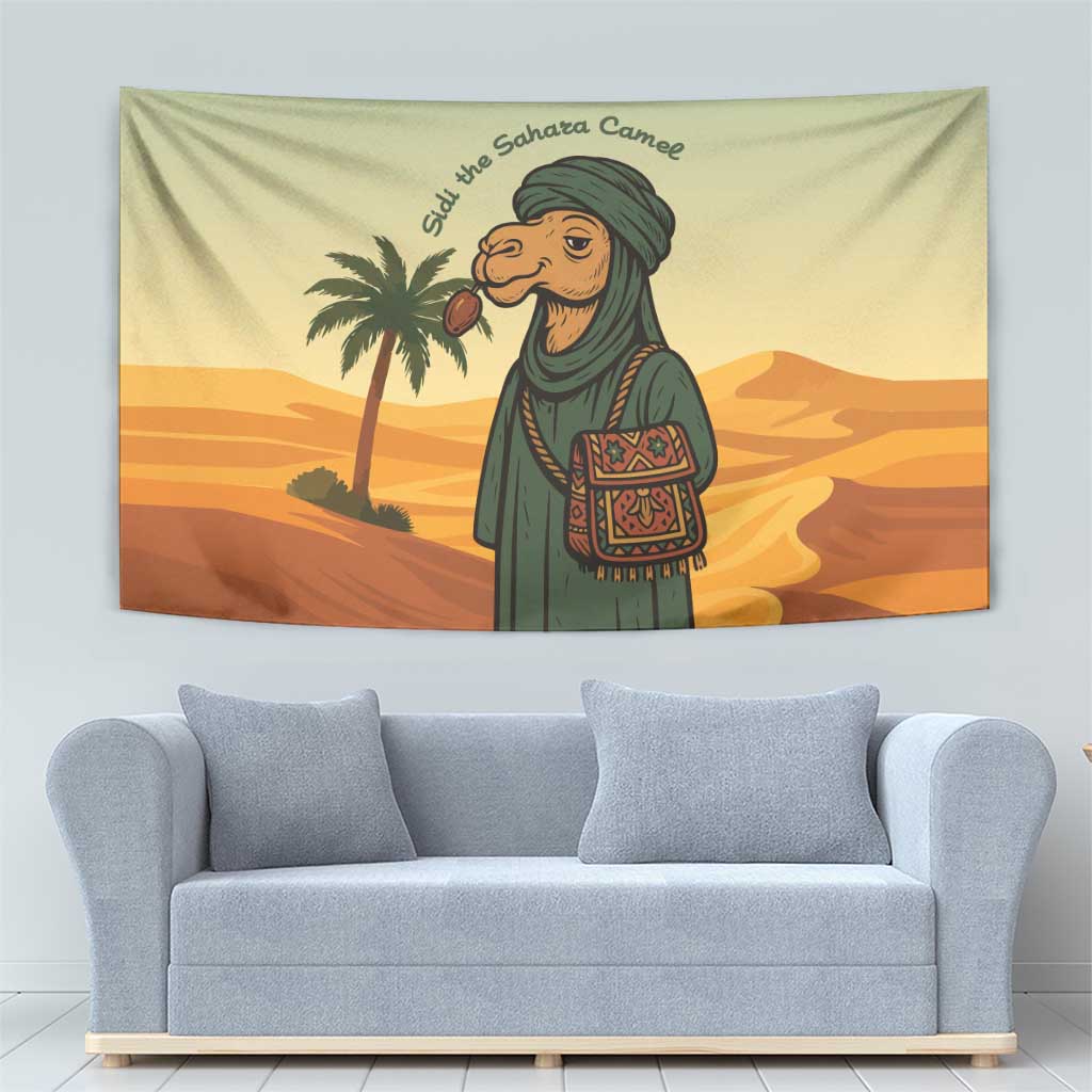 Mauritania Tapestry with Sidi the Sahara Camel Cartoon and Desert Caravan Design