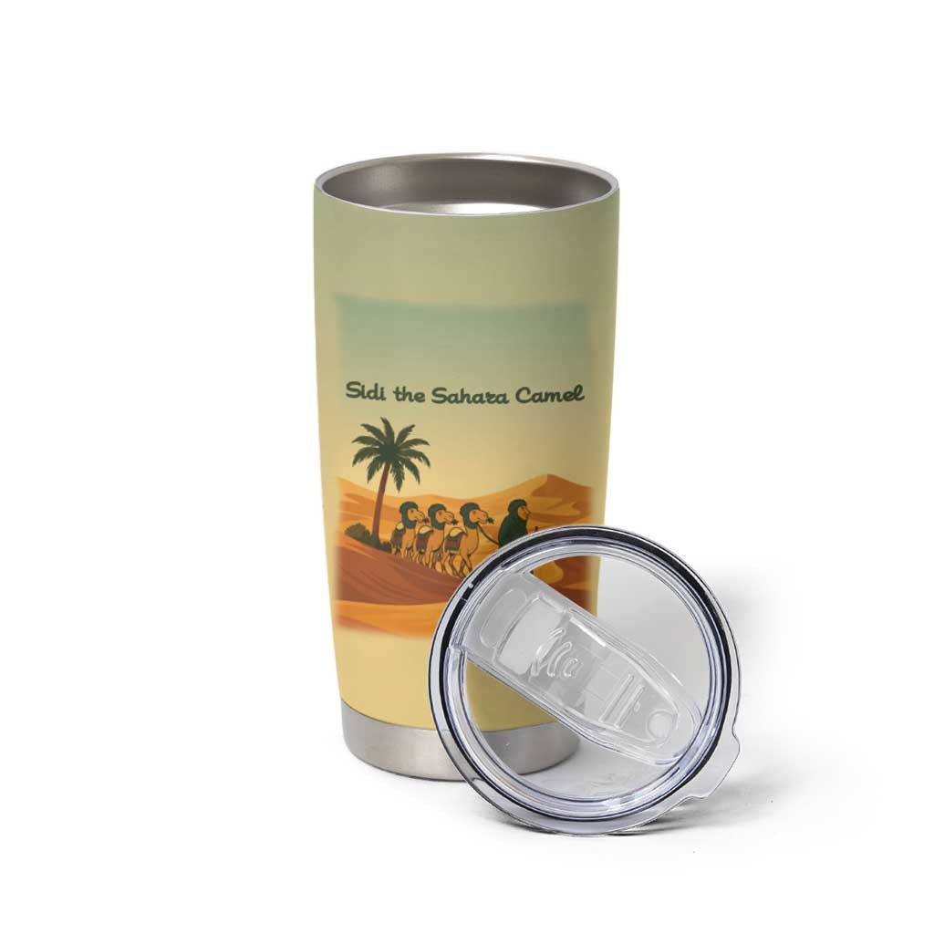 Mauritania Tumbler Cup with Sidi the Sahara Camel Cartoon and Desert Caravan Design