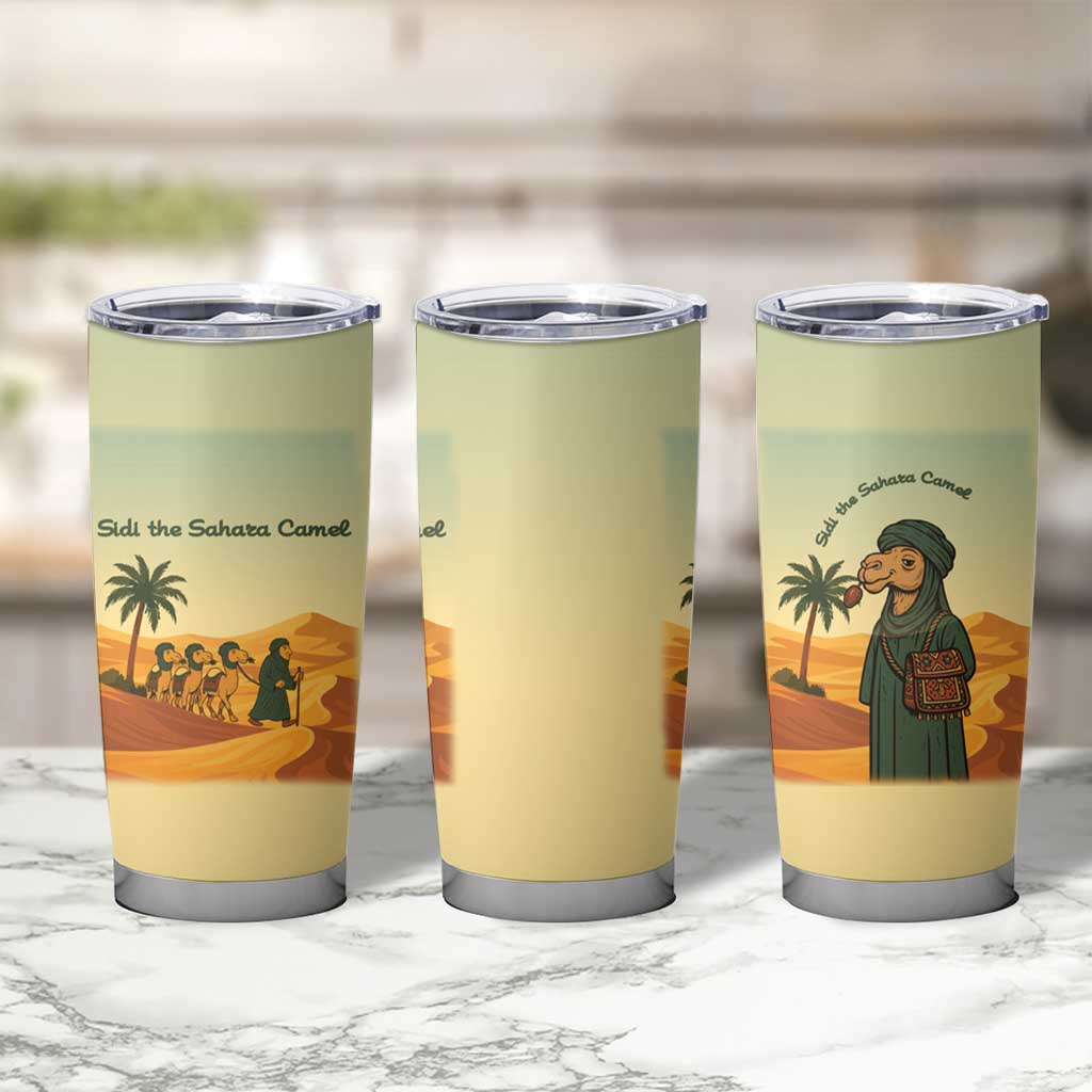 Mauritania Tumbler Cup with Sidi the Sahara Camel Cartoon and Desert Caravan Design