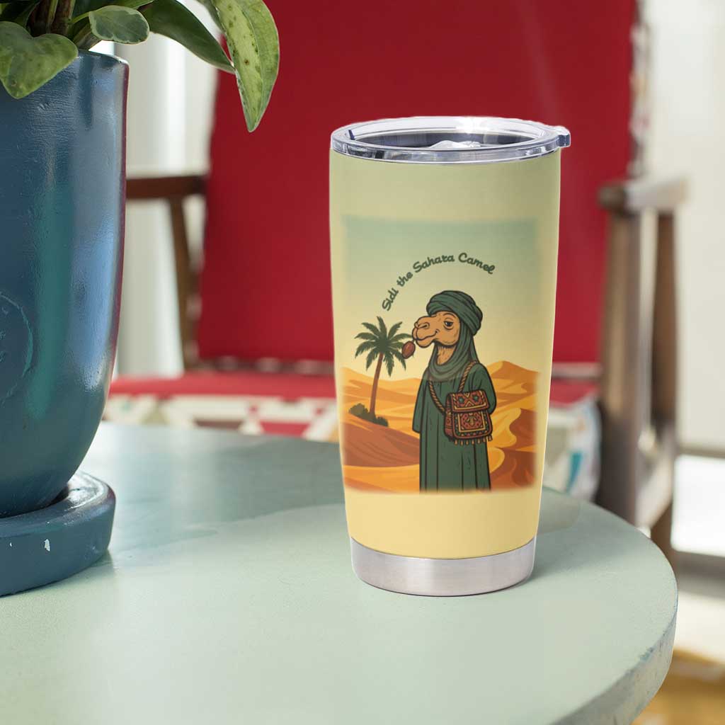 Mauritania Tumbler Cup with Sidi the Sahara Camel Cartoon and Desert Caravan Design