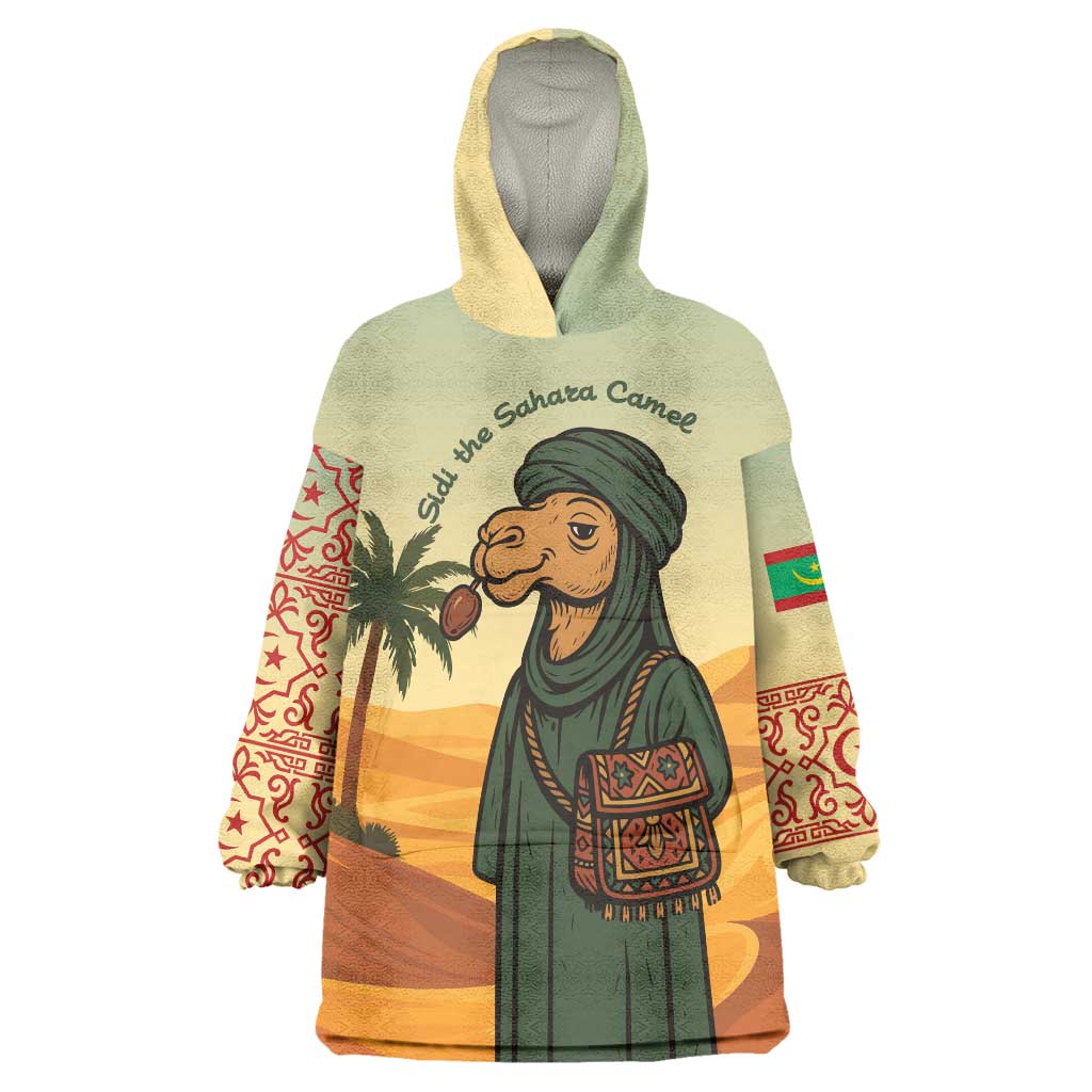 Mauritania Wearable Blanket Hoodie with Sidi the Sahara Camel Cartoon and Desert Caravan Design