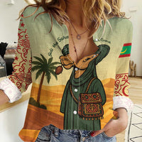 Mauritania Women Casual Shirt with Sidi the Sahara Camel Cartoon and Desert Caravan Design