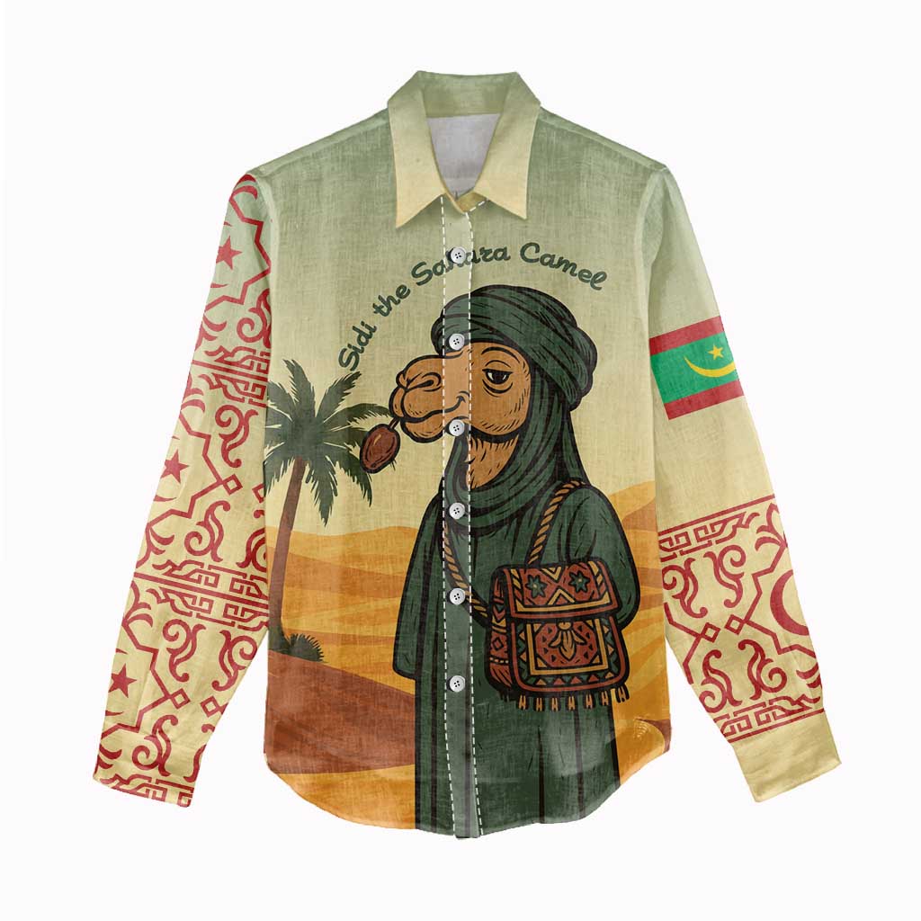 Mauritania Women Casual Shirt with Sidi the Sahara Camel Cartoon and Desert Caravan Design
