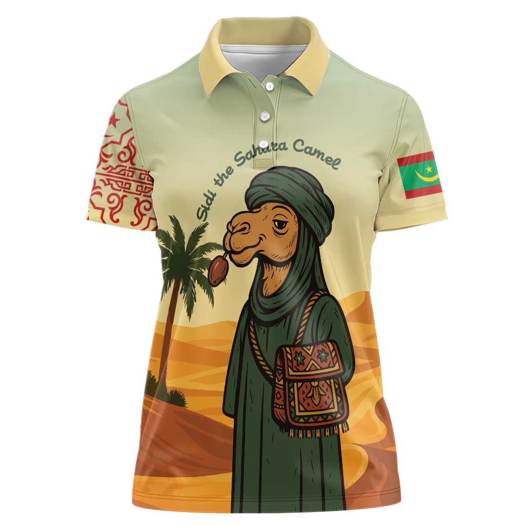 Mauritania Women Polo Shirt with Sidi the Sahara Camel Cartoon and Desert Caravan Design