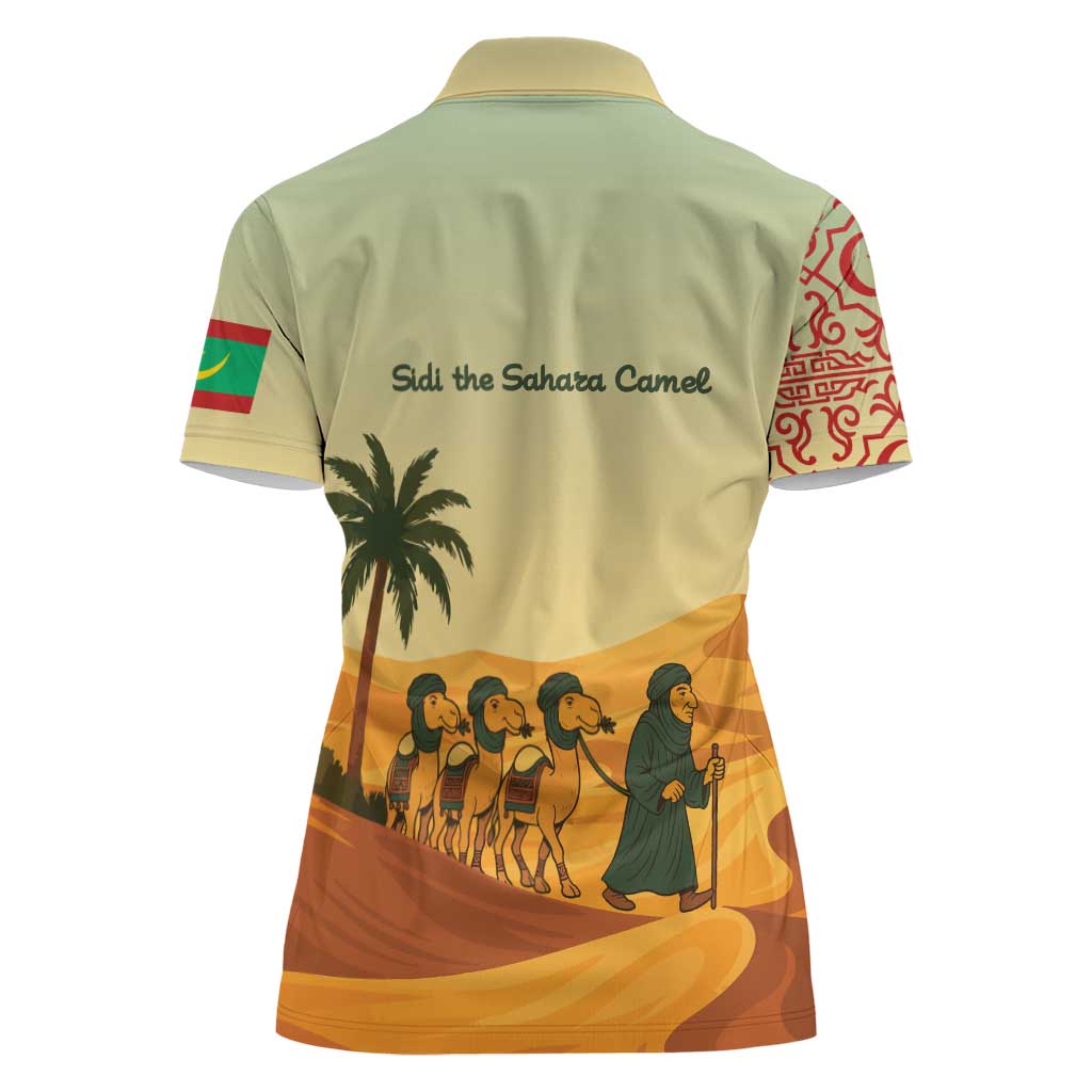 Mauritania Women Polo Shirt with Sidi the Sahara Camel Cartoon and Desert Caravan Design