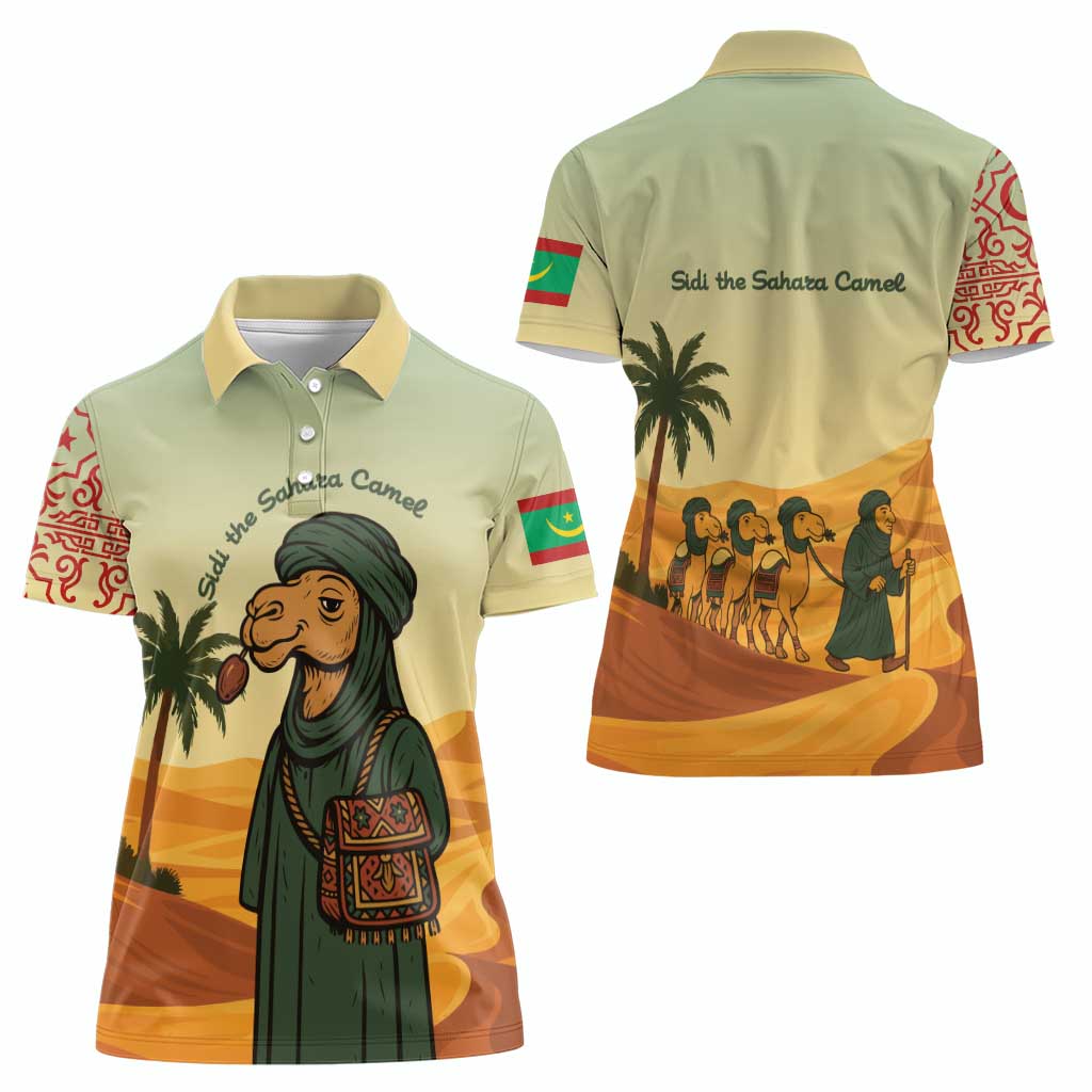 Mauritania Women Polo Shirt with Sidi the Sahara Camel Cartoon and Desert Caravan Design
