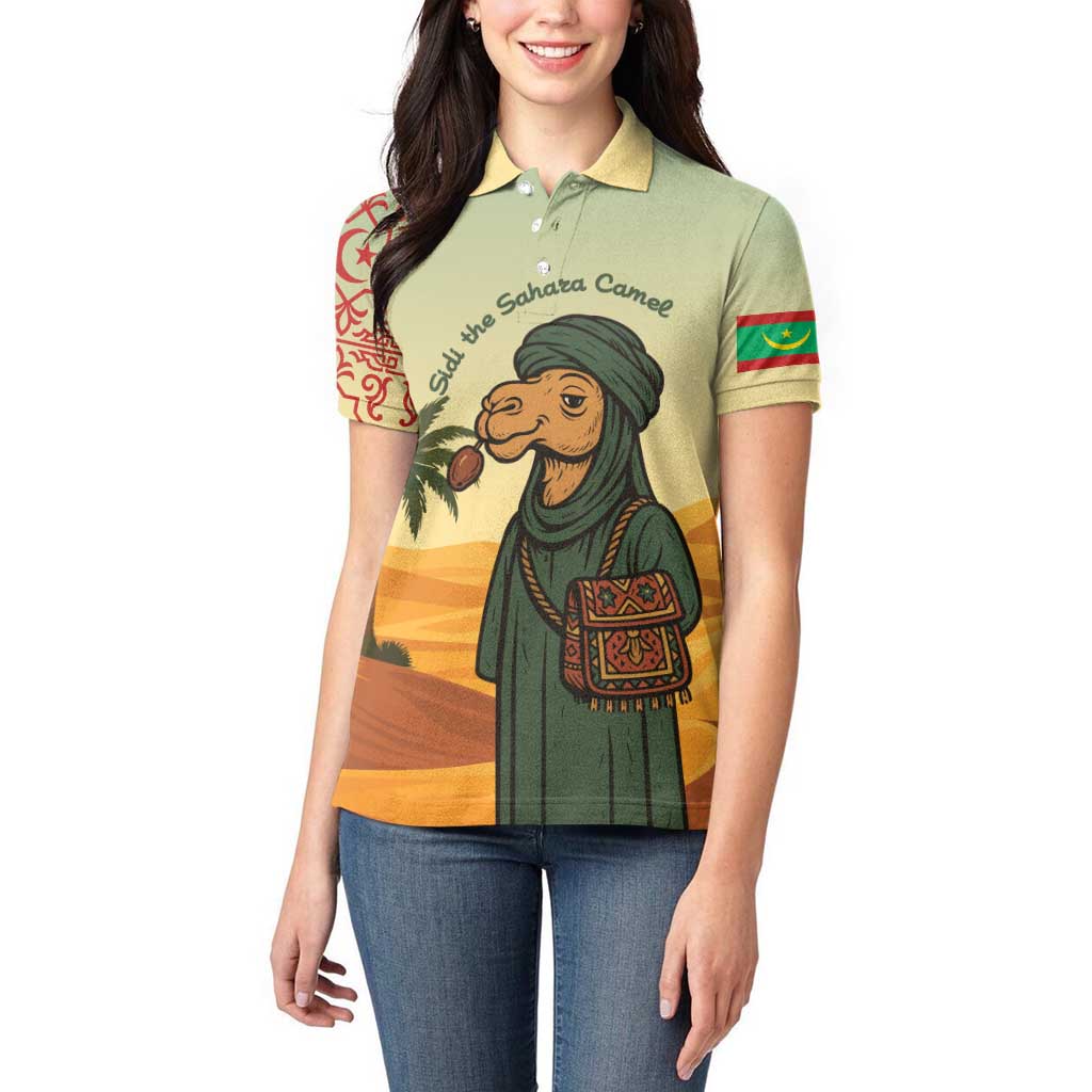 Mauritania Women Polo Shirt with Sidi the Sahara Camel Cartoon and Desert Caravan Design