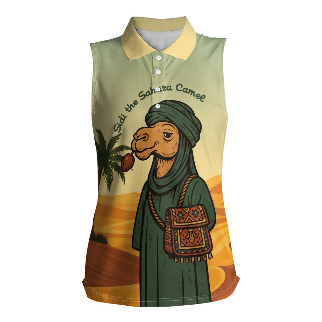 Mauritania Women Sleeveless Polo Shirt with Sidi the Sahara Camel Cartoon and Desert Caravan Design